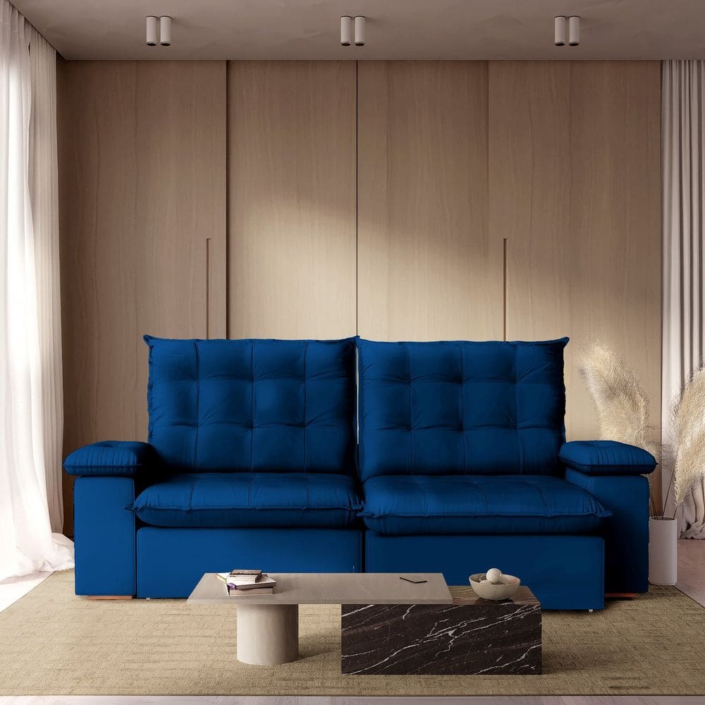 Sofá Retrátil e Reclinável 190 Cm Veludo Molas Ensacadas Luxor Azul