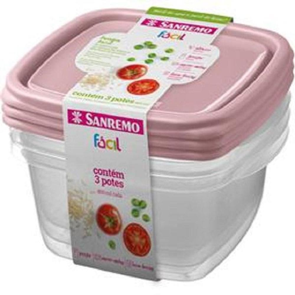 Conjunto 3 Potes Quadrados Plástico c/ Tampa, Salmao, 800ml