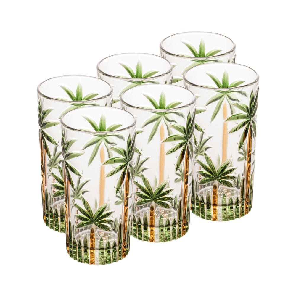 Cj 6 Copos Altos de Vidro Palm Tree Handpaint 360ml Wolff
