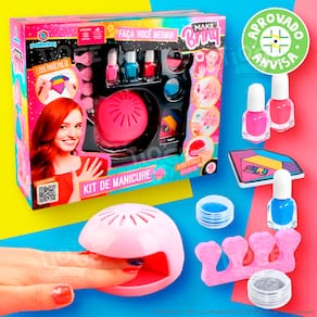 Kit de Manicure Infantil Esmalte Unhas Cabine Secadora Glitter Lixa Criança Aprovado Anvisa Makebrinq Rosa Pink