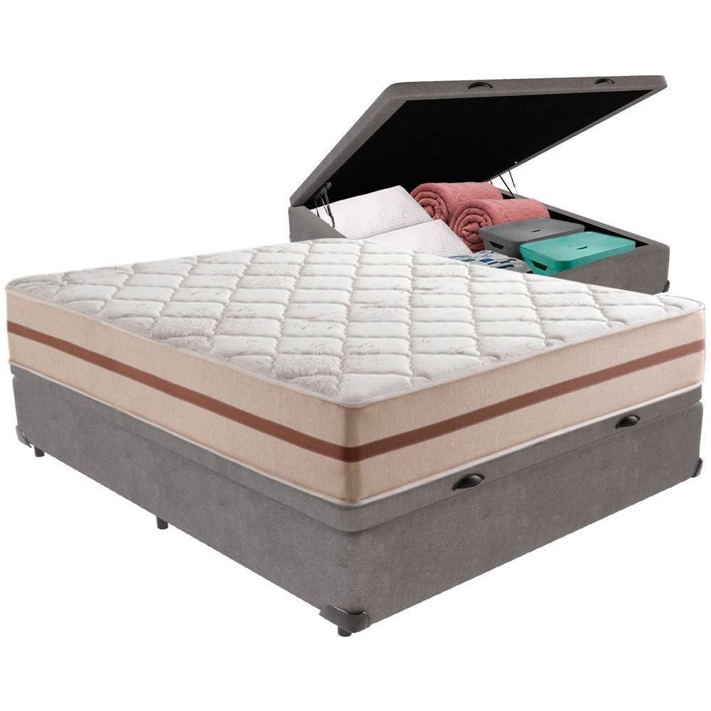Cama Box Baú Cinza E Colchão Classic 26 Cm Molas Ensacadas Casal Anjos