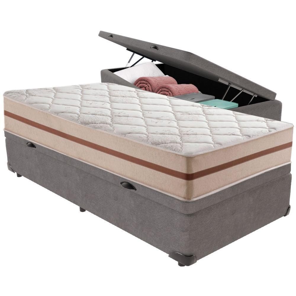 Cama Box Baú Cinza E Colchão Classic 26 Cm Molas Ensacadas Solteiro Anjos