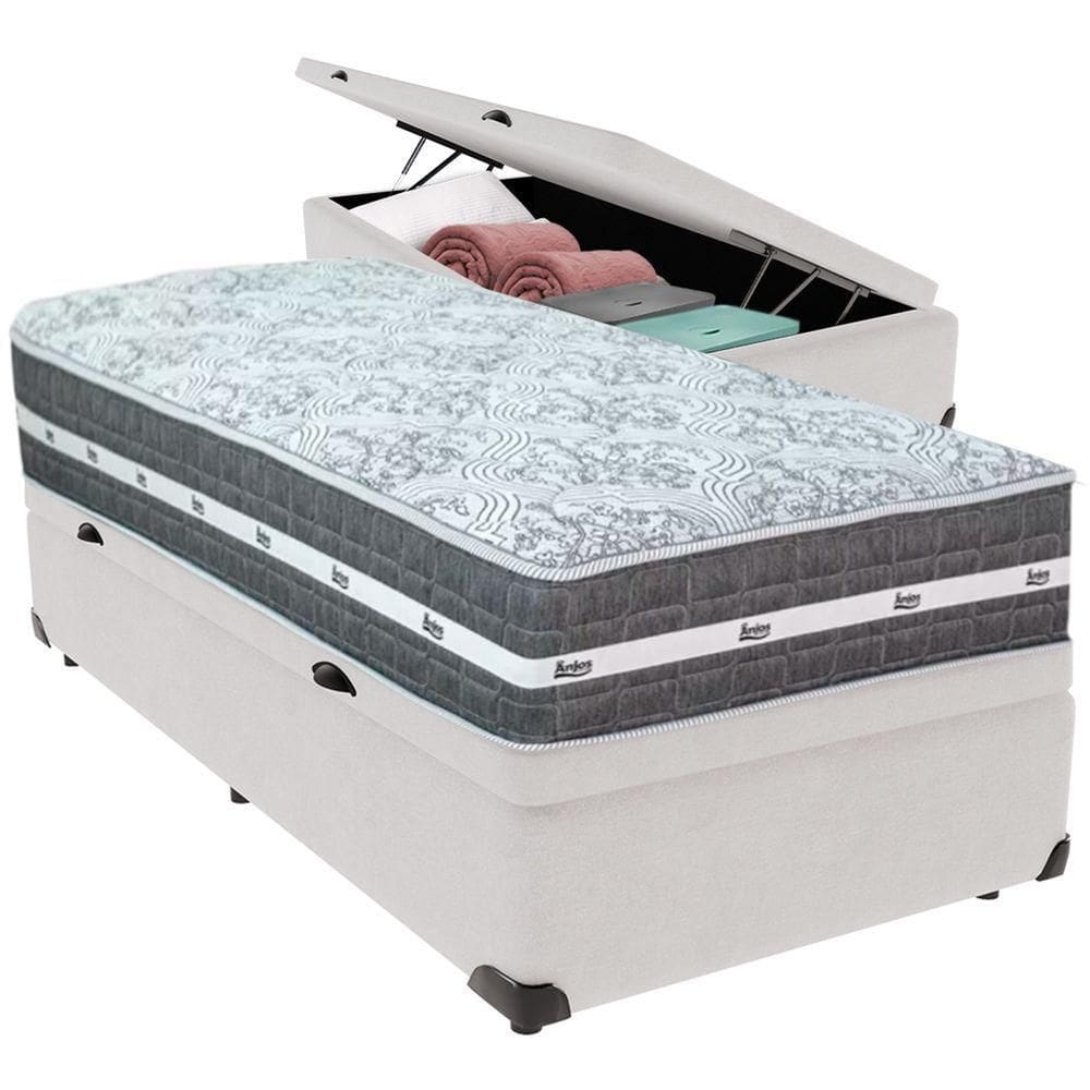 Cama Box Baú Branco E Colchão Black Graphite Molas Ensacadas Solteiro 88x188x32 Anjos