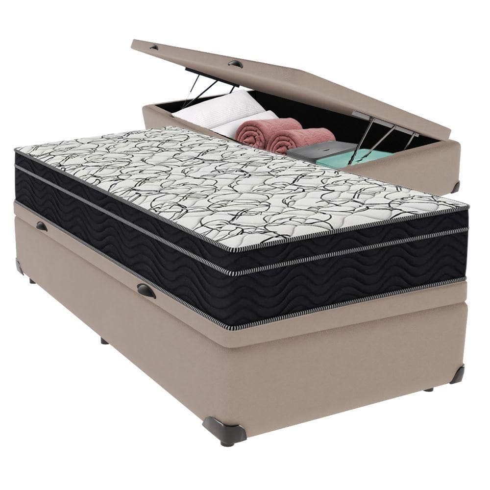 Cama Box Baú Bege E Colchão Airtech 150 Espuma D45 Solteiro Ortobom