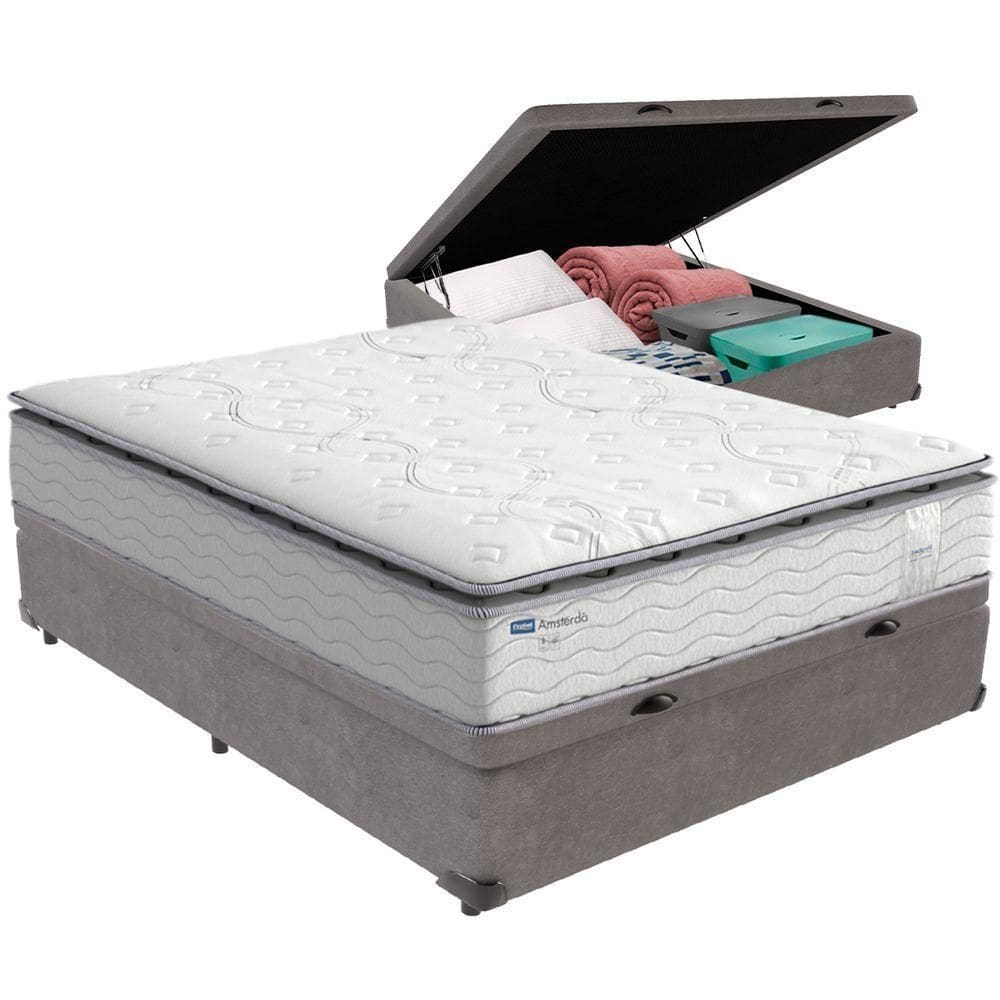 Cama Box Baú E Colchão Amsterdã Molas Ensacadas Casal Probel Casal Cinza