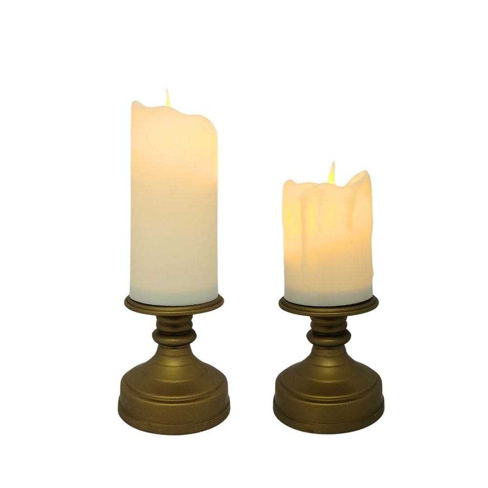 Jogo 2 Velas Eletrônica LED Castiçal Bronze 17cm e 13cm Efeito Moving - Bela Flor