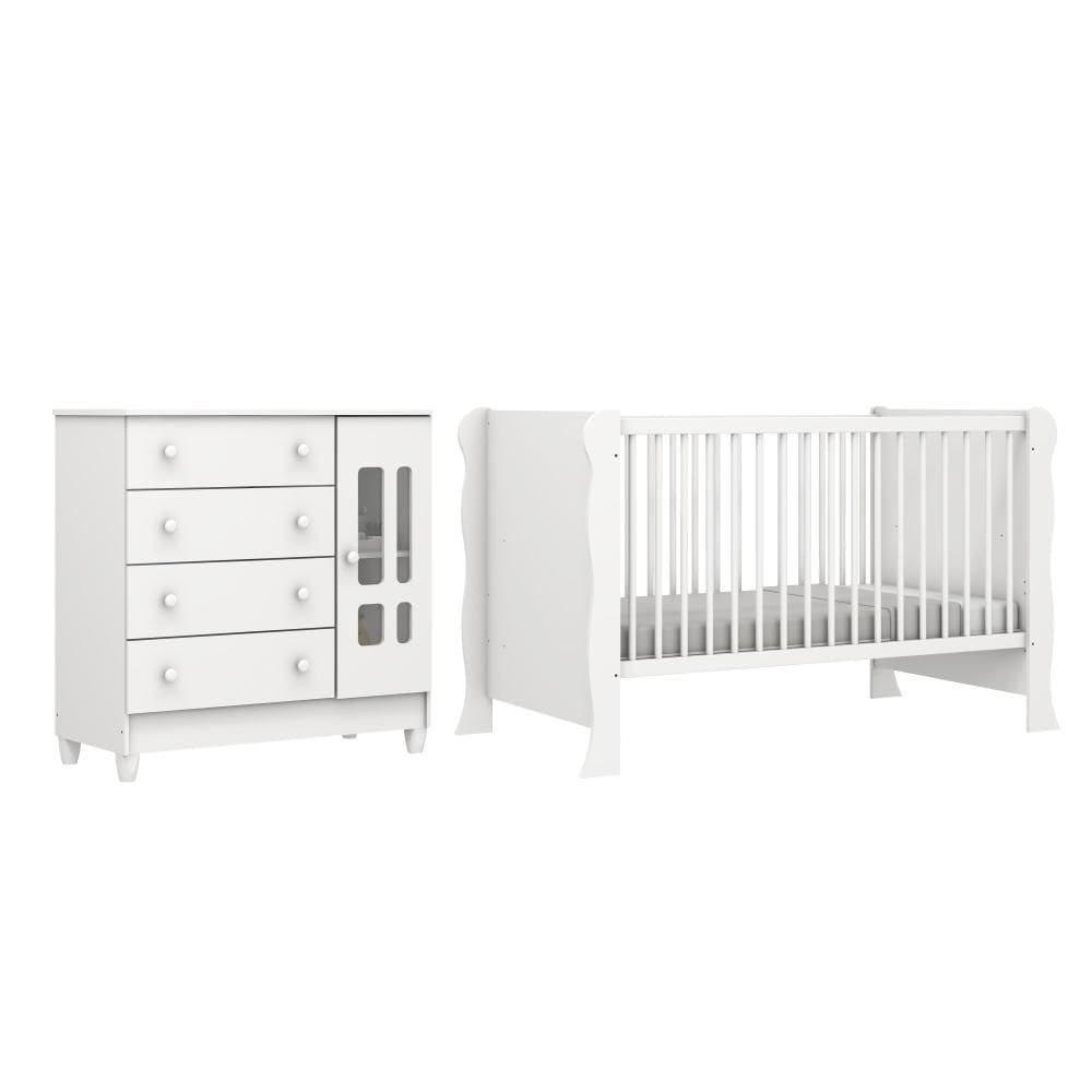 Quarto de Bebê Berço Mini Cama Raissa Cômoda Infantil 4 Gavetas com Fraldário Ariel Branco Carolina Baby