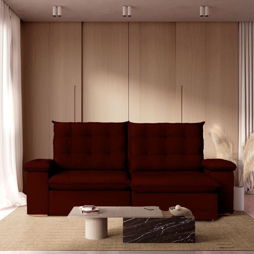 Sofá Retratil Reclinavel 290cm Luxor Veludo Bordô
