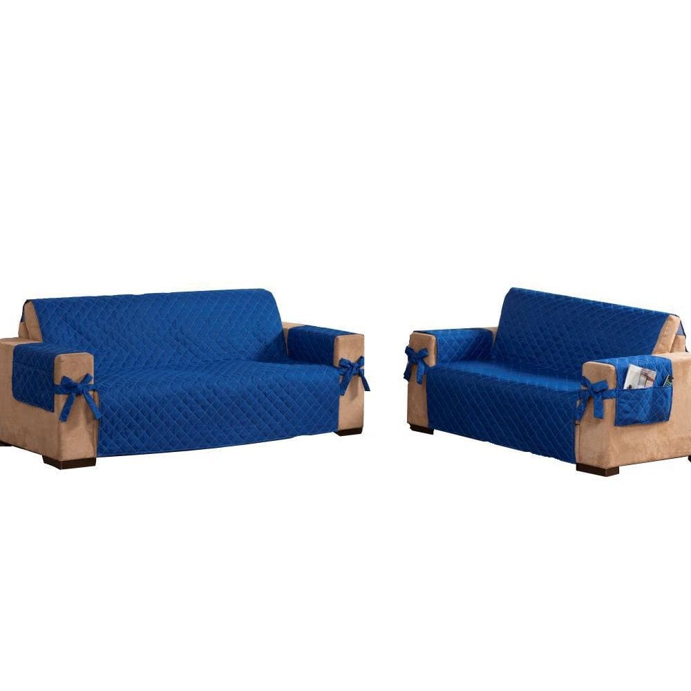 Kit Jogo De Sofá 2 E 3 Lugares Com Laço E Porta Objetos Azul