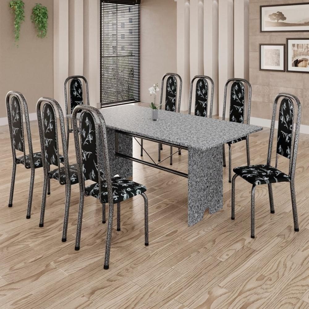 Conjunto de Mesa Tubular 8 Cadeiras 180x75cm Mart Prata com Tampo em Granito Ocre Letícia 071 - Tudo de Móveis
