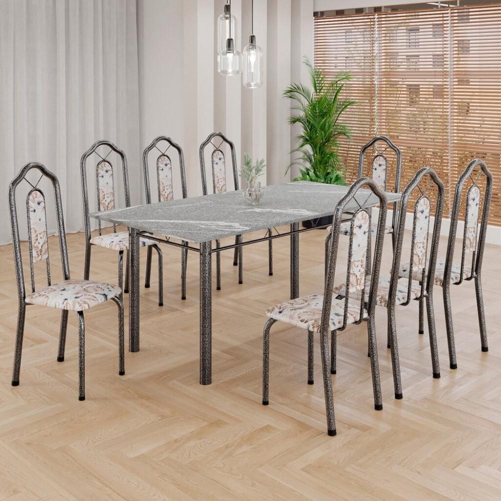 Conjunto de Mesa Tubular 8 Cadeiras 180x75cm Mart Prata com Tampo em Granito Topázio Ocre 050 Brenda - Tudo de Móveis