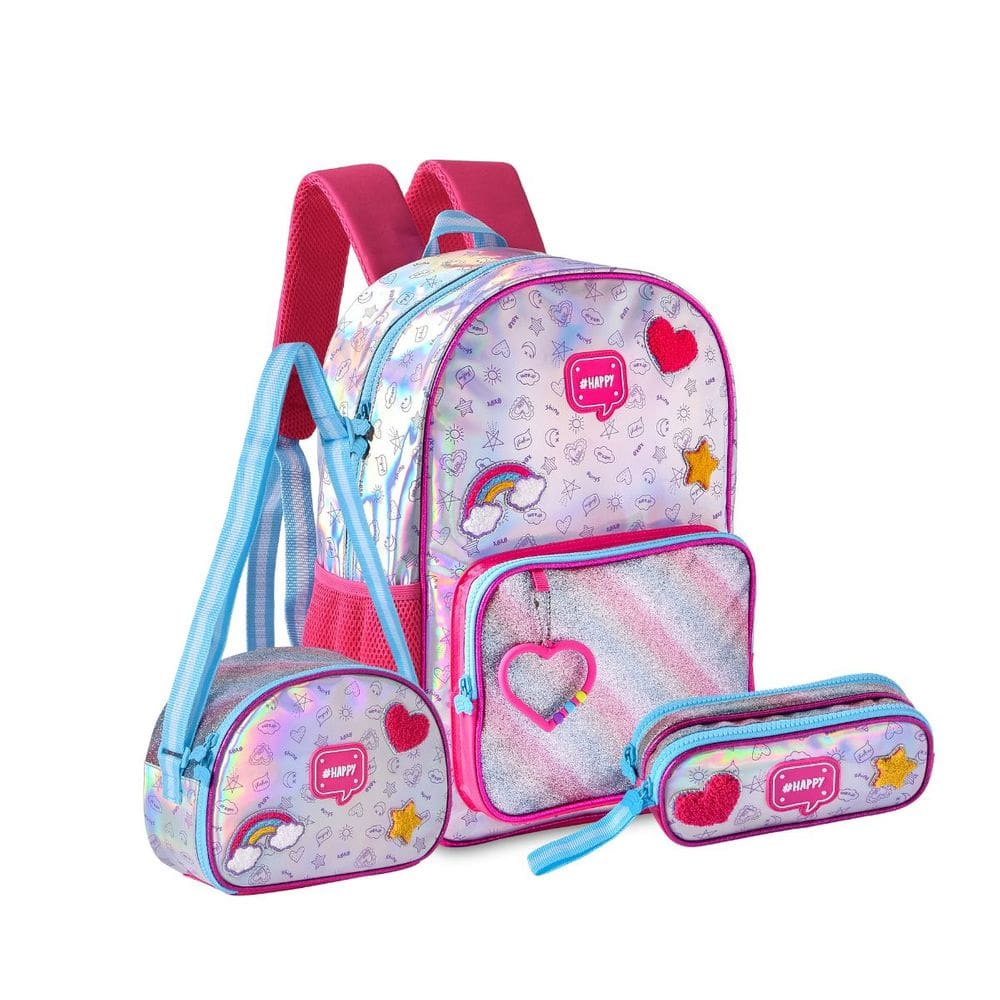 Kit Mochila De Costas Happy Holográfico Lancheira E Estojo