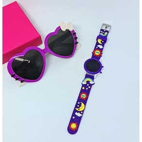 Kit Relógio Infantil Digital Led Redondo Pulseira Silicone Desenho animado 3D + Óculos de Sol Coração Hello Kitty Laço