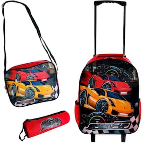 Kit Escolar Infantil Mochila Lancheira Estojo 3 Peças Estampa Carrinho Vermelha Diversão Estilo Presente Ideal