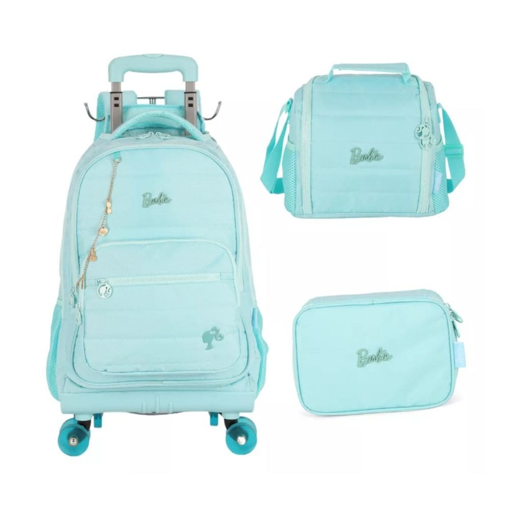 Kit Mochila de Rodinhas 360 + Lancheira + Estojo - Barbie Fashion Turquesa