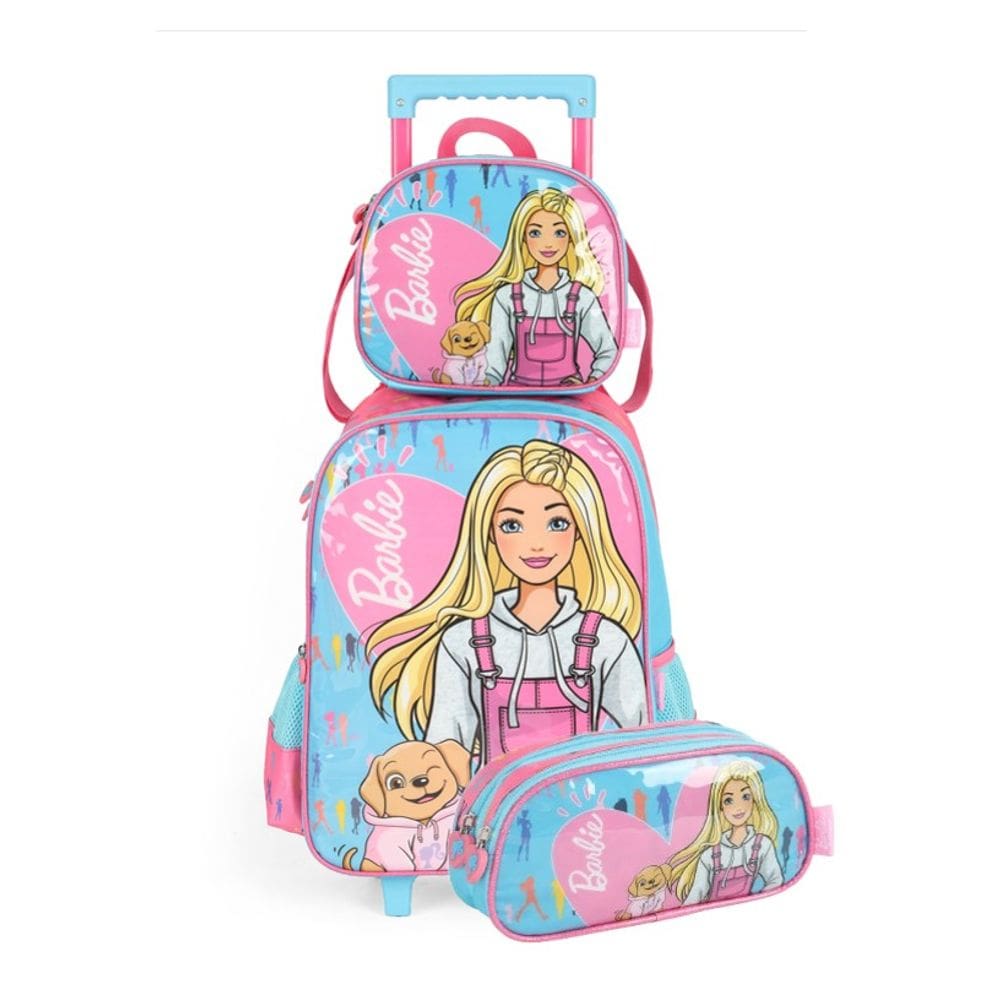 Kit Mochila de Rodinhas Infantil Lancheira + Estojo Barbie Azul