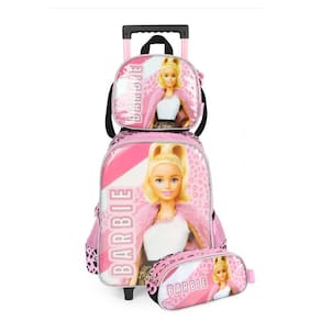 Kit Mochila de Rodinhas Infantil Lancheira + Estojo Barbie Oncinha