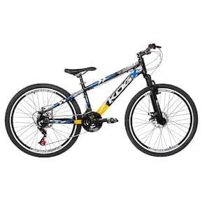 Bicicleta Freeride Aro 26 Flay KOG 18v Freio a Disco Suspensão Dianteira Preto Amarelo Azul