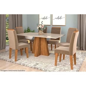 Conjunto Sala de Jantar Patricia c/ Tampo Madeirado c/ Vidro Canto Reto 160x80cm e 6 Cadeiras Taís Savana-Nature-Madeirado/Off White -Velud-Cimol