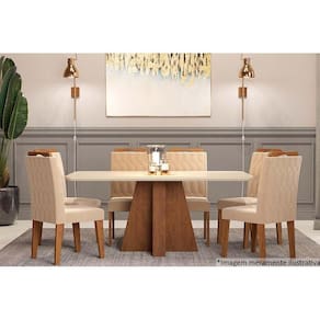 Sala de Jantar Completa Maitê c/ Tampo Madeirado c/ Vidro Canto Curvo 160x80cm e 6 Cadeiras Paola Savana-Nature/Off White-Suede Nude Bege - Cimol