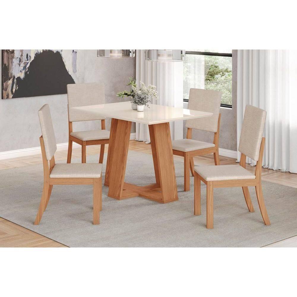 Sala de Jantar Completa Lins c/ Tampo Madeirado 120x80cm e 4 Cadeiras Milla Nature/Off White - Linho Bege - Henn