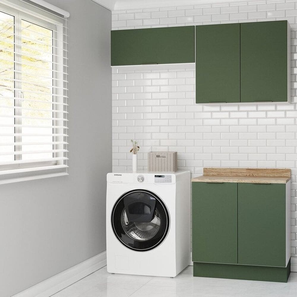 Lavanderia Modulada 3 Peças 2 Armários Aéreos 4 Portas 1 Balcão Ipanema Cabecasa Madeiramadeira Verde Folha