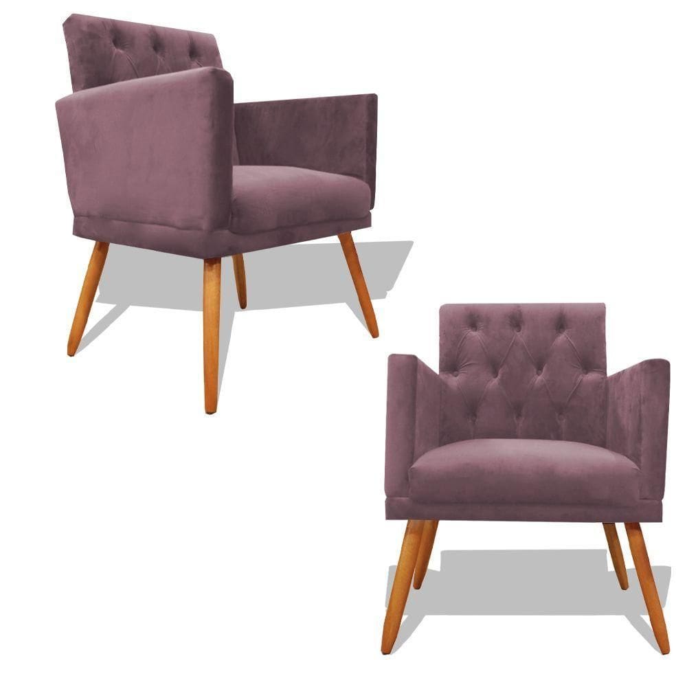 Kit Decorativo Duas Poltrona Nina Retro Pés Palito Suede Rosê Com Roda Pé Eli Móveis