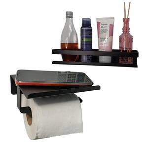 Kit Porta Papel Higiênico E Prateleira Banheiro Preto Fosco