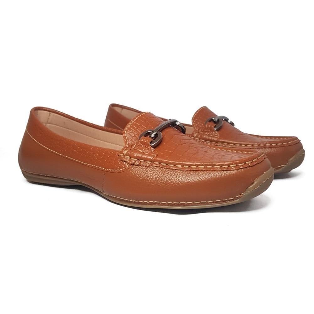 Mocassim Feminino Couro Casual Textura Croco Confortável