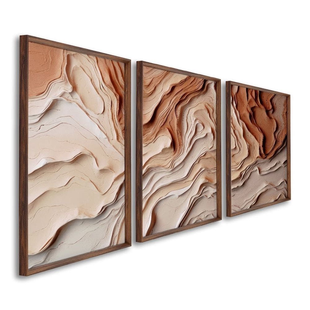 Quadro Decorativo Modelo Barro com 3 Telas para Sala, Casa de Praia, Lavabo 60cm X 90cm Marrom