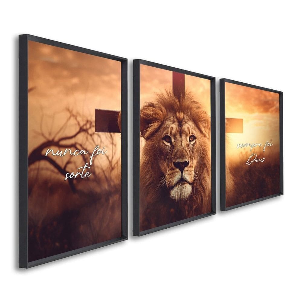 Quadro Decorativo Nunca Foi Sorte, Sempre Foi Deus Religioso com 3 Telas para Sala, Escritório, Hall Preto