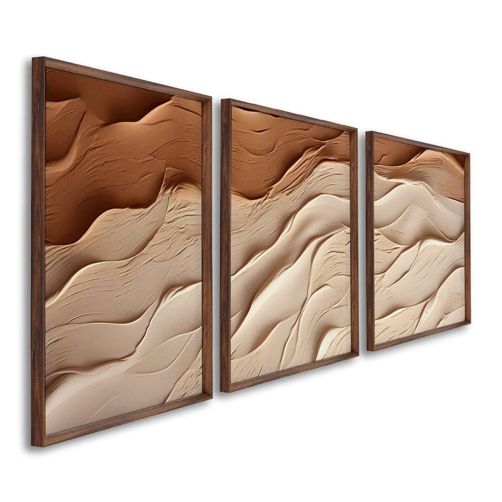 Quadro Decorativo Modelo Areia com 3 Telas para Sala, Casa de Praia, Lavabo 60cm X 90cm Marrom