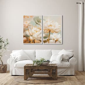 Quadro Decorativo Floral Flor de Lótus com 2 Telas de Parede para Sala Quarto Escritório 60cm X 90cm Branco