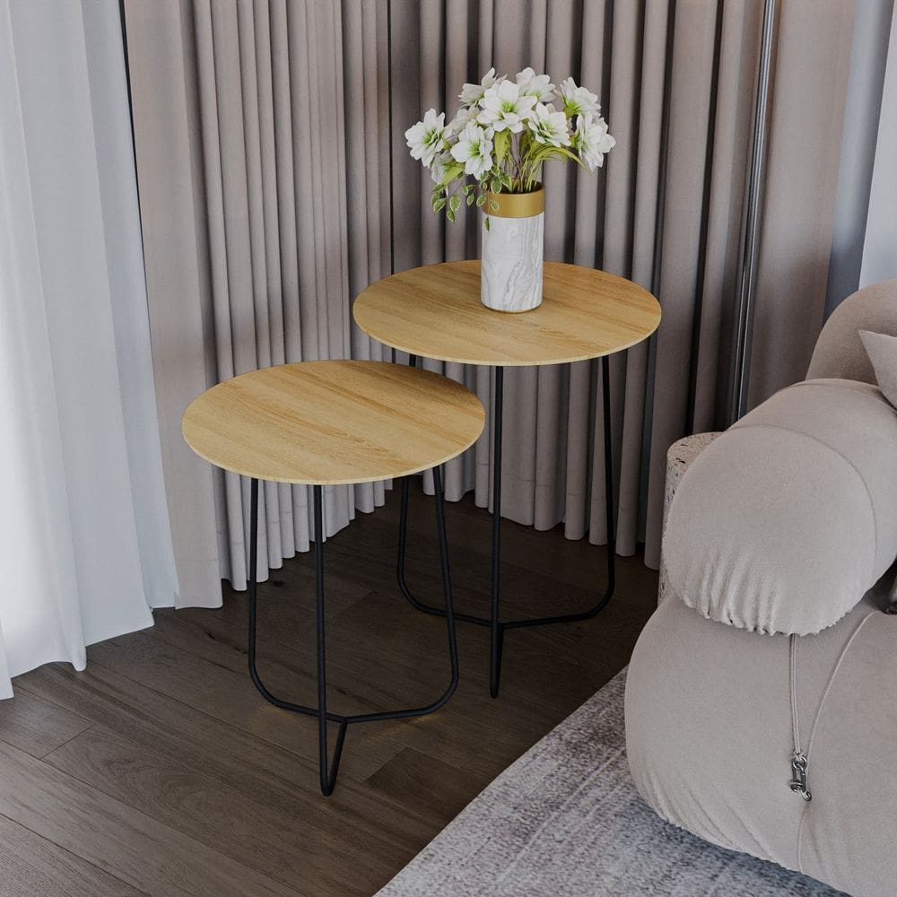 Conjunto Mesa de Canto Trude 55cm X 45cm X 45cm Natural Tawary / Preto