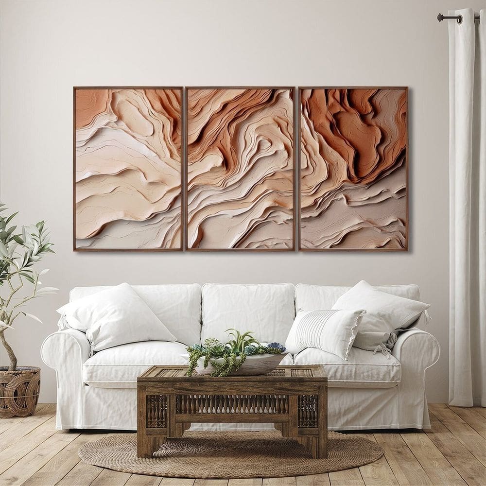 Quadro Decorativo Modelo Barro com 3 Telas para Sala, Casa de Praia, Lavabo 60cm X 90cm Marrom