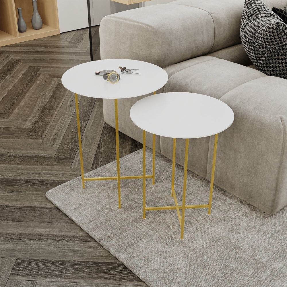 Conjunto Mesa de Canto Rome 57cm X 45cm X 45cm BRANCO / DOURADO