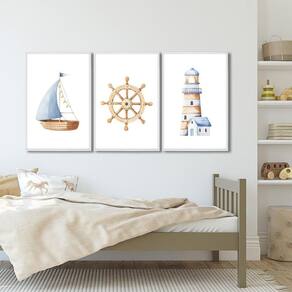 Quadro Decorativo Mar de Aventuras Infantil com Navio e Farol com 3 Telas de Parede para Quarto ,sal Branco