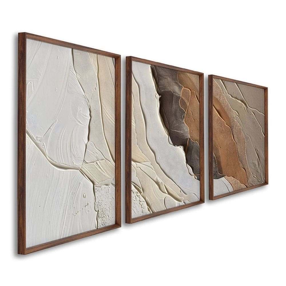 Quadro Decorativo Modelo Rocha com 3 Telas para Sala, Casa de Praia, Lavabo 60cm X 90cm Marrom