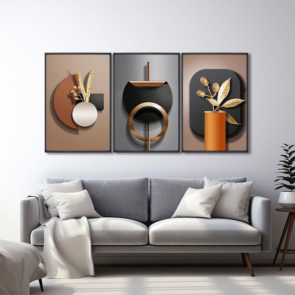 Quadro Decorativo Geométrico Abstrato Marrom com 3 Telas de Parede para Sala Quarto Escritório 60cm Preto
