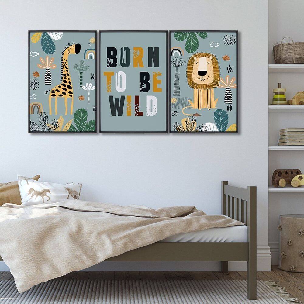 Quadro Decorativo Infantil Pequenos Selvagens com 3 Telas de Parede para Quarto Sala Brinquedoteca 6 Preto