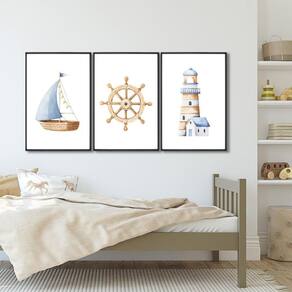 Quadro Decorativo Mar de Aventuras Infantil com Navio e Farol com 3 Telas de Parede para Quarto Sala Preto