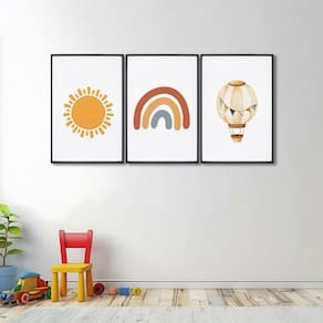 Quadro Decorativo Infantil Sol Balão e Arco Íris com 3 Telas Cm de Parede para Quarto Sala Brinquedo Preto