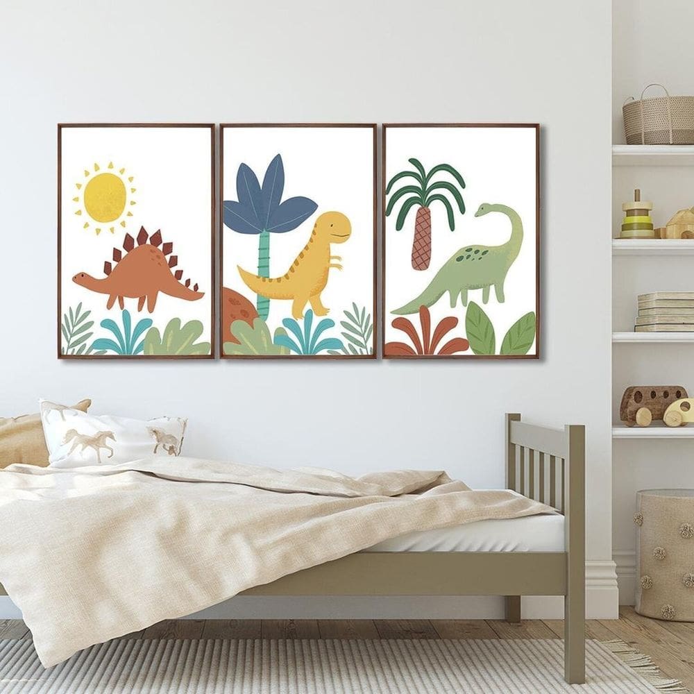 Quadro Decorativo Infantil Dinossauros com 3 Telas de Parede para Quarto Sala Brinquedoteca 60cm X 9 Marrom