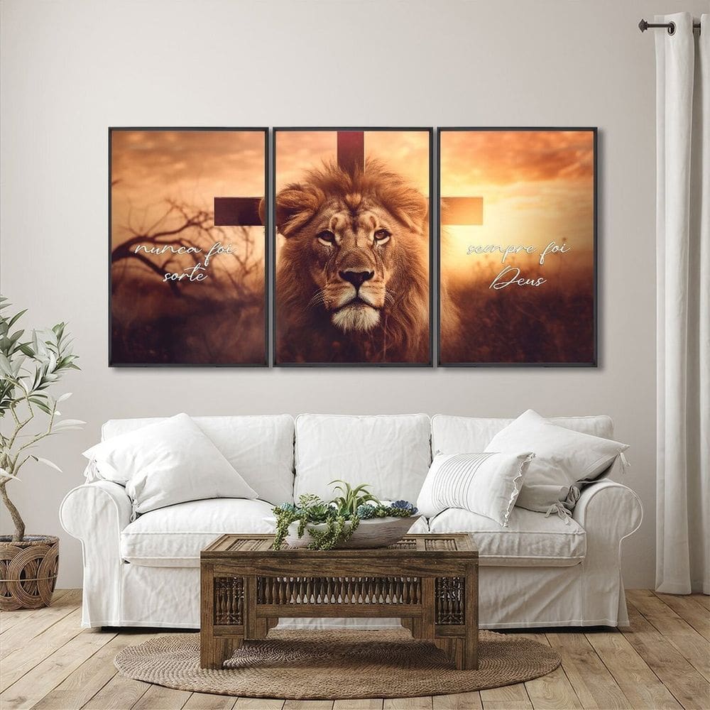 Quadro Decorativo Nunca Foi Sorte, Sempre Foi Deus Religioso com 3 Telas para Sala, Escritório, Hall Preto