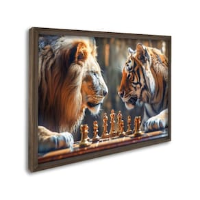 Quadro Decorativo Leão e Tigre Jogo de Xadrez com 1 Tela Cm ou Cm de Parede para Sala Hall Igreja 60 Marrom