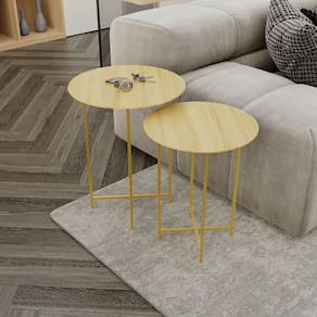 Conjunto Mesa de Canto Rome 57cm X 45cm X 45cm Natural Tawary / Dourado