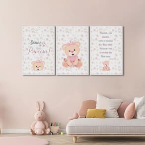 Quadro Infantil Decorativo Sonhe Alto Princesa com 3 Telas de Parede para Quarto Sala Brinquedoteca Branco