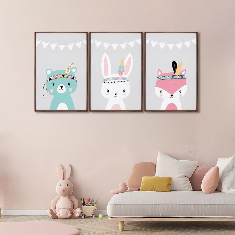 Quadro Decorativo Amigos da Natureza Infantil com 3 Telas Cm de Parede para Quarto Sala Brinquedotec Marrom