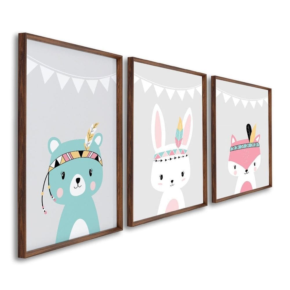Quadro Decorativo Amigos da Natureza Infantil com 3 Telas Cm de Parede para Quarto Sala Brinquedotec Marrom