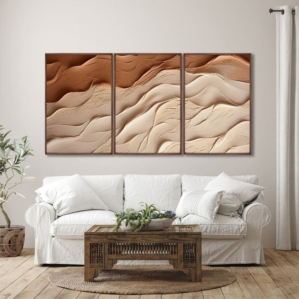 Quadro Decorativo Modelo Areia com 3 Telas para Sala, Casa de Praia, Lavabo 60cm X 90cm Marrom